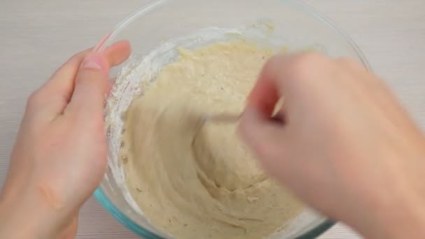 Baker prepares better for baking waffles with a whisk. Selective focus — Stock Video