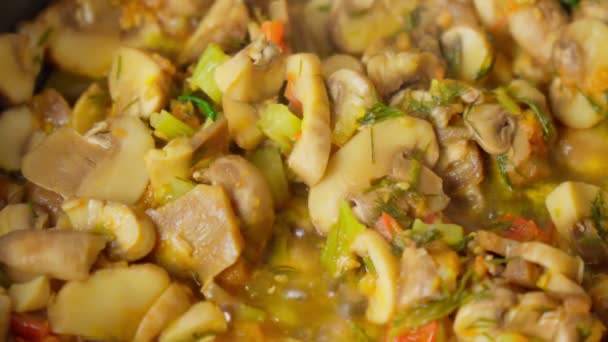 Kook roerbak champignonvormige in pan, roerbak groenten in het werk. — Stockvideo