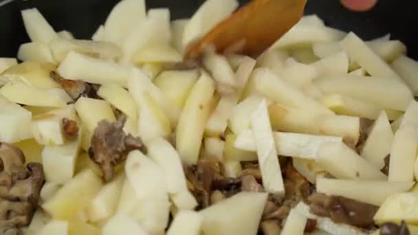 Vařím smažené brambory s ústřicovými houbami na pánvi. Selektivní soustředění. Domácí potraviny — Stock video
