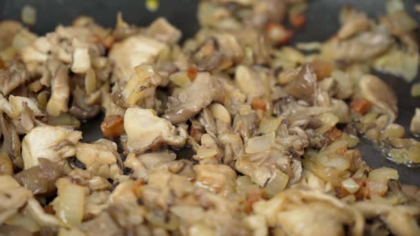 Gros plan de délicieux champignons frits de merlu frits dans une poêle. Concentration sélective — Video