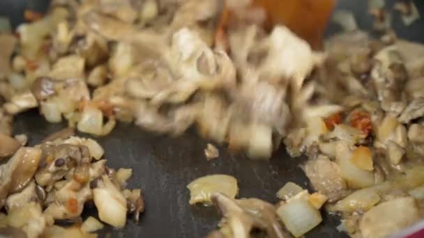 İstiridye mantarlı Pleurotus ostreatus kızartma tavasında yakın çekim. Seçici odak — Stok video