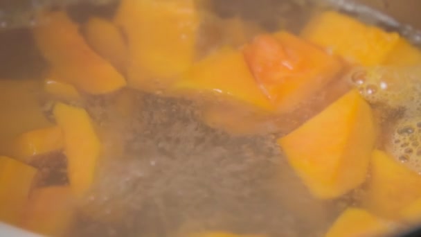 Accueil cuisson soupe à la citrouille. Alimentation de consommation durable. Concentration sélective. Mouvement lent — Video