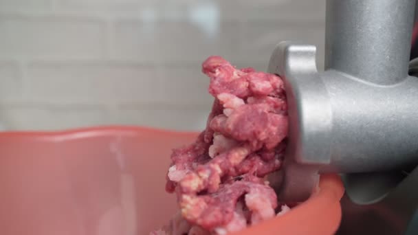 Köttkvarn och malet kött faller. Selektivt fokus. Hemlagad mat — Stockvideo