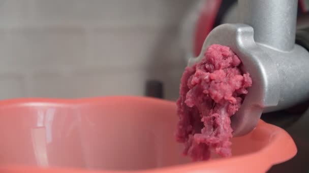 Meat grinder and minced meat falling. Selective focus. — Stock Video