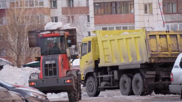 Tyumen, Russia-February 21, 2022: Η μπουλντόζα μαζεύει κομμάτια πάγου μετά από μια χιονόπτωση. Απομάκρυνση χιονιού από δρόμους και αυλές. Δημοτικές μεταφορές στο χώρο εργασίας — Αρχείο Βίντεο