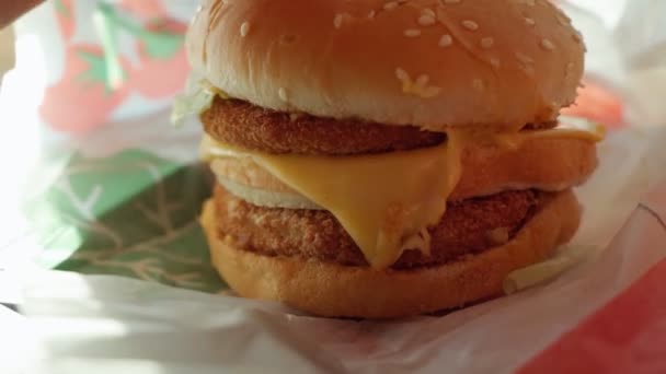 Cheeseburger com costeleta dupla close-up em um restaurante fast food — Vídeo de Stock