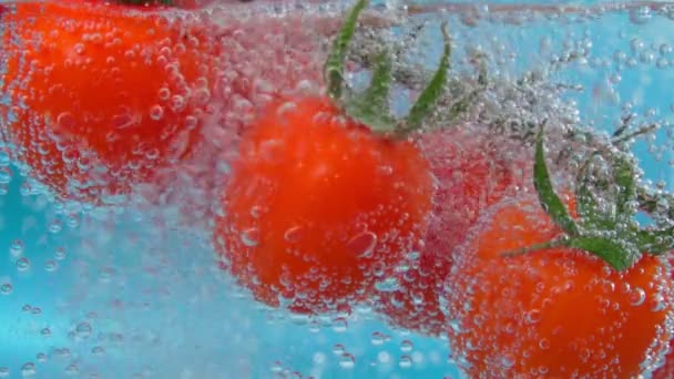 Pomodoro rosso primo piano sott'acqua. Verdure succose con una bolla su sfondo blu. Rallentatore — Video Stock