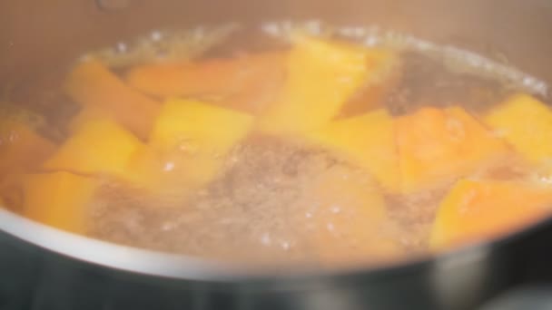 Matlagning pumpa i varmt vatten, kokt pumpa, selektivt fokus, rörelse. Långsamma rörelser — Stockvideo