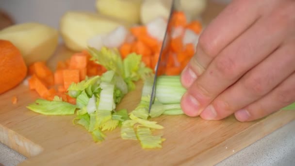 Chopped vegetables celery, healthy and delicious. Close-up. — Stock video