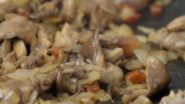 프라이팬에 갓 튀긴 맛있는 시식 버섯을 싸서 닫는다. 선택적 초점 — 비디오