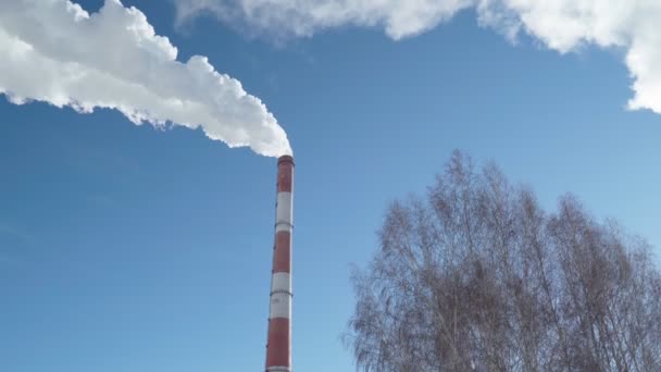Rök som kommer från rören av värme- och energiväxter över vintern stad. Luftföroreningar — Stockvideo