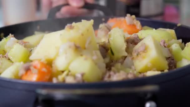Μαγειρεύω βραστό με λαχανικά και κρέας. Ευρωπαϊκή κουζίνα. Επιλεκτική εστίαση — Αρχείο Βίντεο