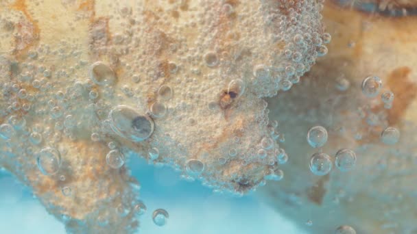 生姜は水の中で閉じて、水中のマクロ選択的焦点。ジュースの泡. — ストック動画