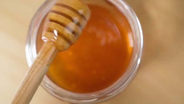 Trä honung dipper med gyllene honung och luftbubblor. Extremt nära, makro. Selektiv inriktning — Stockvideo