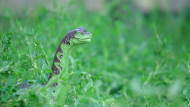 A toy dinosaur in the grass. Children usually use for games — Stockvideo