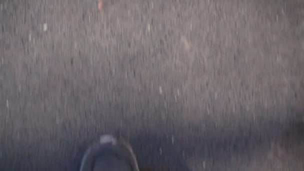 男の足は春に汚れたアスファルトの上を歩いている。選択的フォーカス。スローモーション — ストック動画