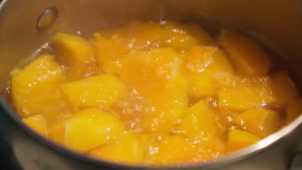 Chopped pumpkin pieces in a saucepan top view. healthy food concept. Selective focus. Slow motion — Video Stock