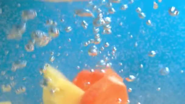 Cooking carrots and potatoes in water. Healthy food. Selective focus. Slow motion — 비디오