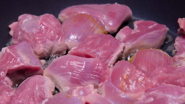 Cozinhar pedaços crus de carne de peru em close-up em uma frigideira em casa. Foco seletivo — Vídeo de Stock
