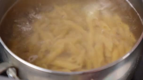 Pasta Penne Rigate Cozinhar Massas Água Fervente Foco Seletivo Cozinhar — Vídeo de Stock