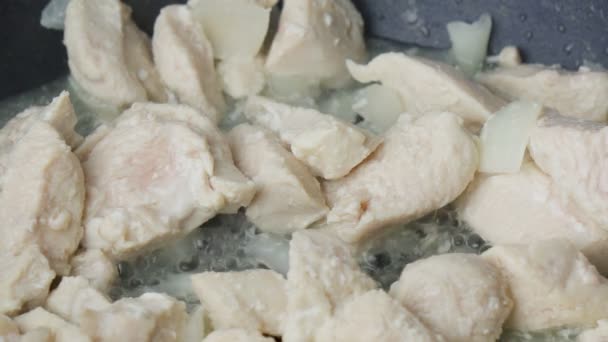 Chopped Chicken Fillet Fried Frying Pan Cooking Process Close — 图库视频影像