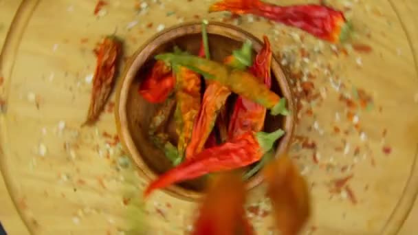 Dry Organic Red Chillies Top View Background Healthy Spices Slow — Stockvideo
