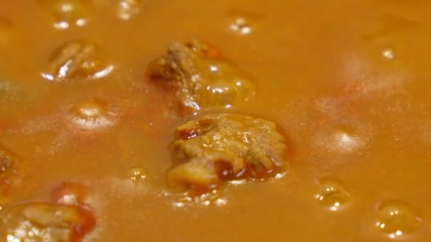 Cozinhar Pedaços Carne Bovina Molho Goulash Molho Tomate Com Tempero — Vídeo de Stock