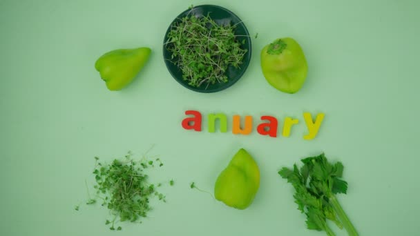 Word Veganuary Wooden Blocks Letters Green Background Healthy Plant Based — Stok video