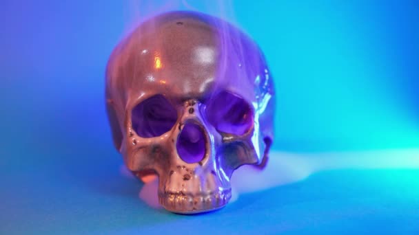 Human Skull Pink Blue Smoke Blue Background Halloween Concept — Stock video