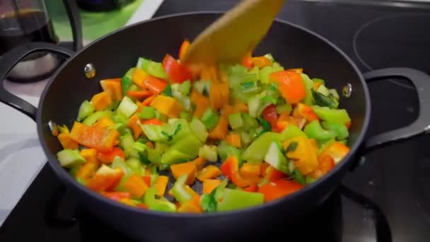 用辣椒 胡萝卜 胡椒粉和芹菜煮蔬菜 特写镜头中的杂耍 家庭自制食品 — 图库视频影像