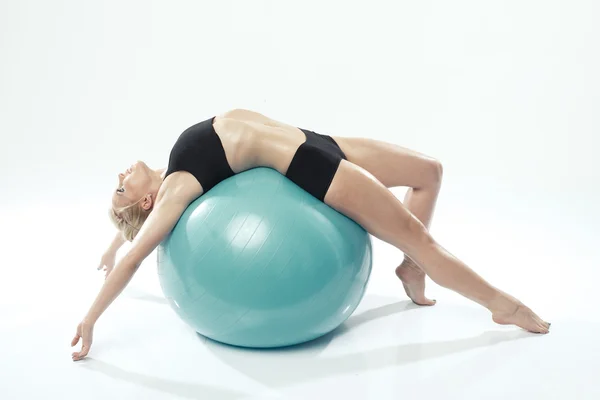 One caucasian woman exercising fitness ball workout — Stock Photo, Image