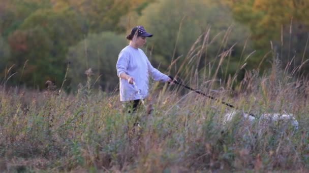 Ung Flicka Jacka Och Mössa Huvudet Går Med Tre Hundar — Stockvideo