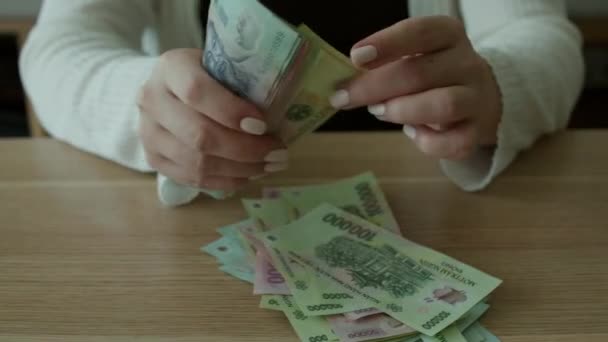 Die Frau zählt Geld. Konzept der Investition, des Erfolgs, der finanziellen Aussichten oder des beruflichen Aufstiegs. Hände, die Vietnam-Dong-Rechnungen zählen oder mit Bargeld bezahlen. — Stockvideo