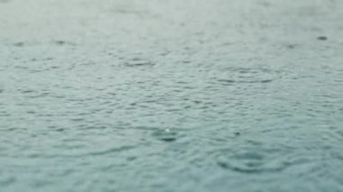 Büyük su birikintisinin üzerine yağmur damlaları, güçlü dalgalar, yağmur damlaları, yavaş çekimde yakın çekim. Yağmur suya yağar. Sel yağmurlu mevsimdir ve şiddetli yağmurdur..