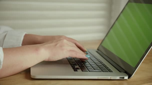 商业女性专业用户使用笔记本电脑键盘打字的女性手坐在家里的写字台上，与pc软件应用技术概念一起在线工作，闭合侧视图. — 图库视频影像