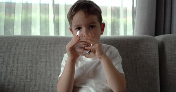 Netter kleiner Junge, der zu Hause auf der Couch sitzt und ein Glas Wasser trinkt. Zeitlupe kleines Kind trinkt Wasser. Nahaufnahme. Porträt Lustiges kleines Kind trinkt eine Tasse Wasser. — Stockvideo