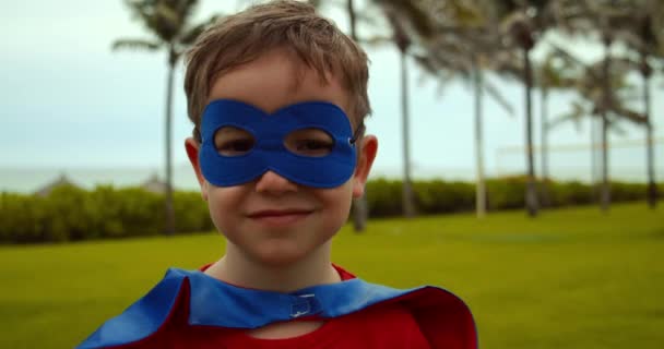 Piękny chłopiec w kostiumie superbohatera, ubrany w niebieski czerwony płaszcz i maskę bohatera. Portret bohatera dziecka na tle dłoni i morza oraz błękitne niebo i chmury. Concept Happy Childhood — Wideo stockowe