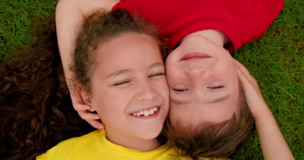 Gelukkig broertje en zusje liggen op groen gras. Kinderen is dromen op het gras in het park. Gelukkig gezicht van de baby. Kleine jongen en meisje kijken naar de hemel. Glimlach van kinderen en kijk op naar de camera — Stockvideo