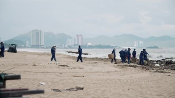 Volontärer kvinna och män städa stranden efter en tropisk depression.Trash, hundratals träd, soppåsar, plast, väskor, soptunnor utspridda på stranden efter högvatten. Volontärer rengör kusten. — Stockvideo