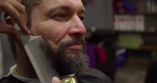 Brodaty obcięty ostrzem u fryzjera, profesjonalny fryzjer goli swoich klientów brodą z maszynką do strzyżenia. Przystojniak, któremu golono brodę w studiu fryzjerskim. — Wideo stockowe