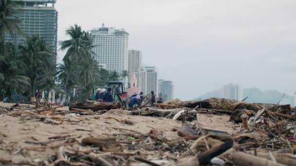 Voluntarios mujer y hombres limpian la playa después de una depresión tropical.Basura, cientos de árboles, bolsas de basura, plástico, bolsas, botes de basura dispersos en la playa después de la marea alta. Voluntarios limpian la costa. — Vídeo de stock