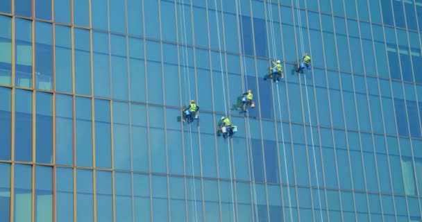 Öt férfi munkások piros és sárga munkaruhában takarítás a külső ablakok egy üzleti felhőkarcoló - ipari alpinizmus.high-rise emberek mossa ablakok.Koncepció takarítás — Stock videók