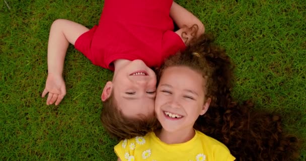 Щасливий маленький брат і сестра лежать на зеленій траві. Діти мріють про траву в парку. Щасливе обличчя дитини. Маленький хлопчик і дівчинка дивиться на небо. Посмішка дітей і погляд на камеру — стокове відео