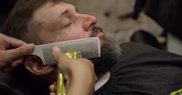 Profesjonalny fryzjer goli brodę klienta brzytwą. Brodaty krój ze staromodnym ostrzem u fryzjera. Przystojniak, któremu golono brodę w studiu fryzjerskim. — Wideo stockowe