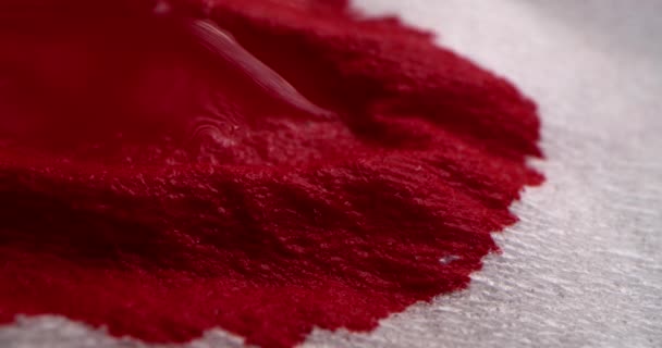 Drops of blood drip onto a paper napkin, blood spreads over the napkin. Red blood drops onto a white cloth, blood is absorbed into a white paper napkin, macro shot. — Stock videók