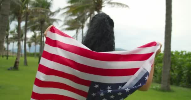 Le concept de patriotisme, fête de l'indépendance et jours fériés - une jeune femme souriante heureuse dans un T-shirt court avec le drapeau national américain en été dans le parc. — Video