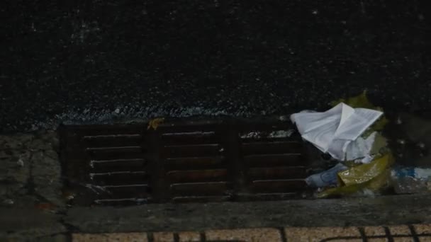 Rain falling on pavement Spring rain is falling and drops of water are dripping in puddles Rainwater running down a drain Rainwater flows on the road and fall into the metal hatch with holes drain. — Stock Video