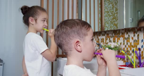 Portre mutlu genç çocuklar banyoda dişlerini fırçalıyorlar ve gülümsüyorlar. Çocuklar günlük sağlık hizmeti rutini. Beyaz çocuklar evlerinde aynaya bakıyorlar. Yaşam biçimi. — Stok video