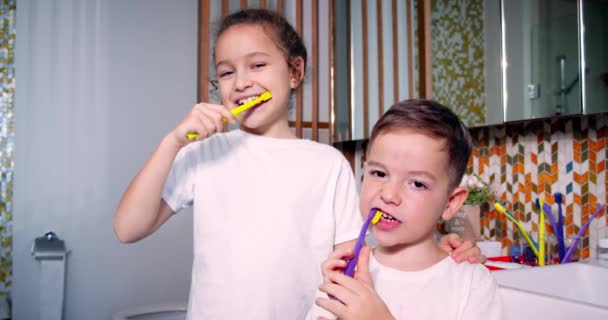 Rotina de cuidados de saúde diária das crianças. Retrato feliz bonito crianças escovando dentes no banheiro e sorrindo. Miúdos caucasianos a olhar para o espelho em casa. Estilo de vida. — Vídeo de Stock