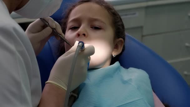 Dentystka w gabinecie stomatologicznym, dentystka lecząca zęby małej dziewczynce Pacjentce w klinice. Kobieta Lekarz Stomatolog w pracy. Koncepcja badania stomatologicznego. — Wideo stockowe